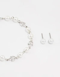 Silver Cubic Zirconia Pearl Leaf Bracelet & Earrings Set