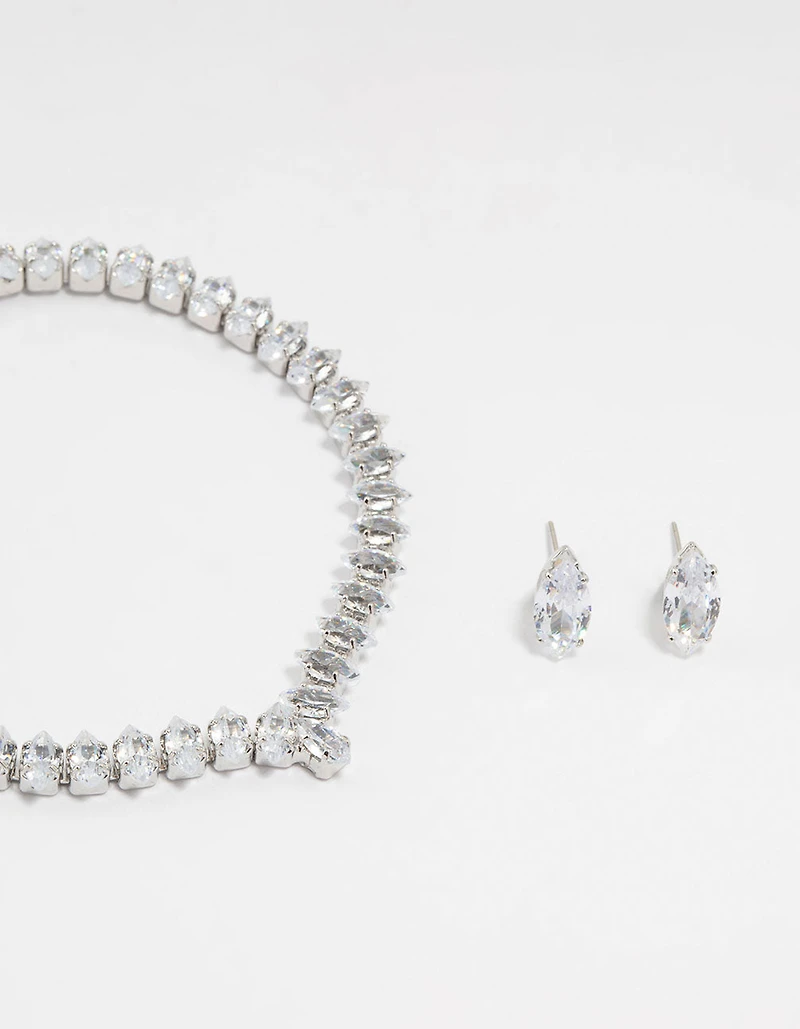 Silver Cubic Zirconia Marquise Tennis Bracelet & Earrings Set