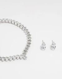 Silver Cubic Zirconia Marquise Tennis Bracelet & Earrings Set