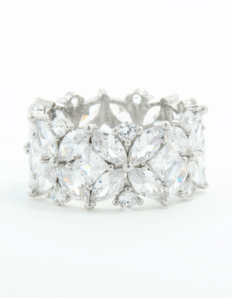 Silver Plated Cubic Zirconia Floral Wide Band Ring
