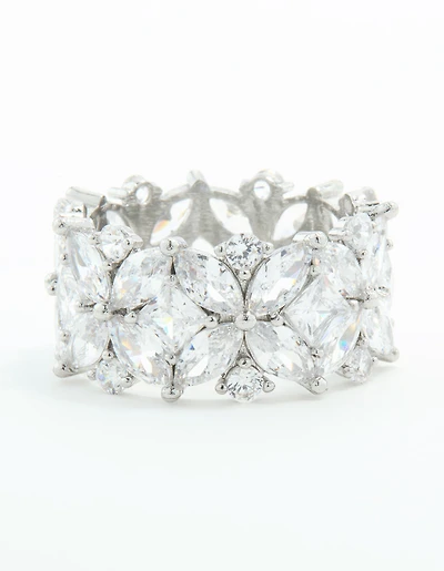 Silver Plated Cubic Zirconia Floral Wide Band Ring