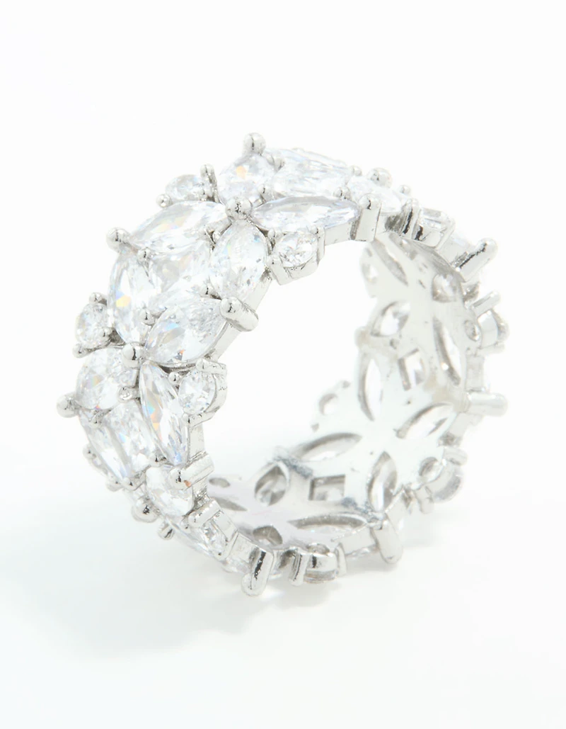 Silver Plated Cubic Zirconia Floral Wide Band Ring
