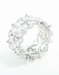 Silver Plated Cubic Zirconia Floral Wide Band Ring