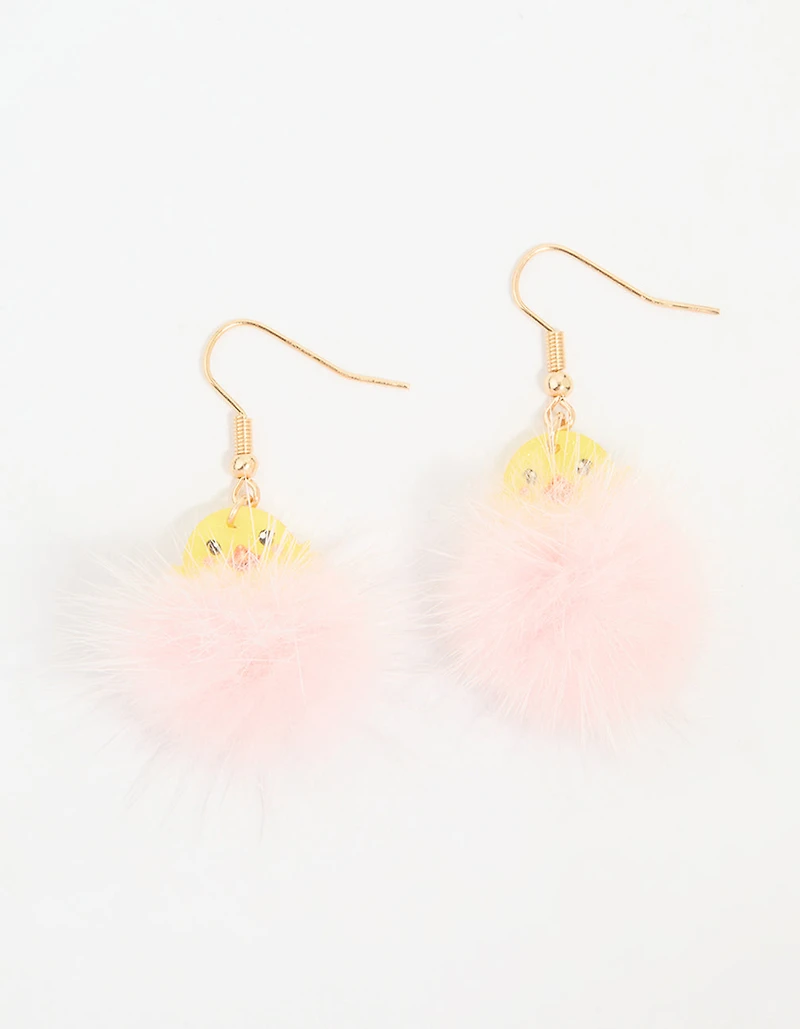 Kids Pink Pompom Chick Drop Earrings