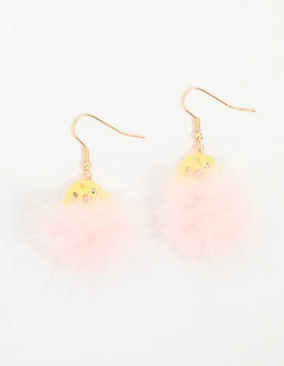 Kids Pink Pompom Chick Drop Earrings