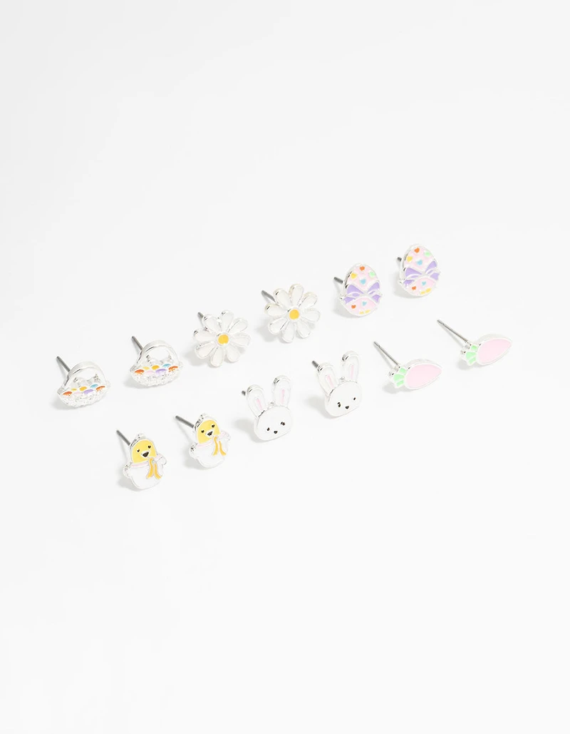 Kids Silver Chick & Easter Bunny Stud Earrings 6-Pack