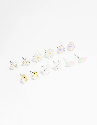 Kids Silver Chick & Easter Bunny Stud Earrings 6-Pack