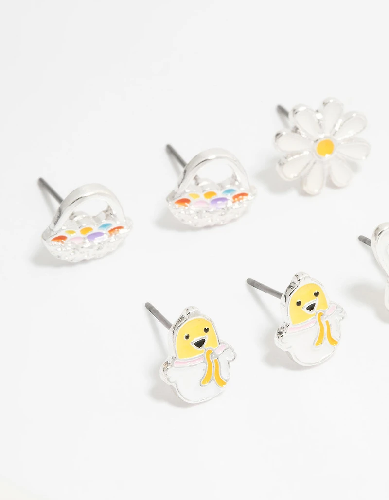 Kids Silver Chick & Easter Bunny Stud Earrings 6-Pack