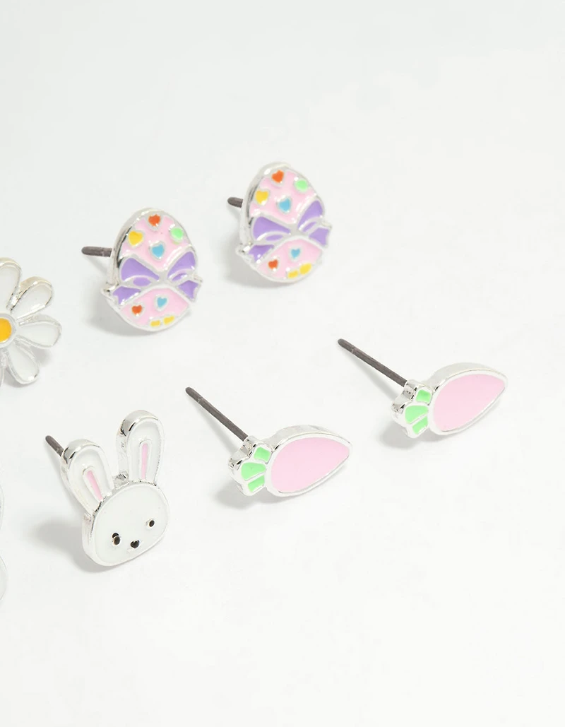 Kids Silver Chick & Easter Bunny Stud Earrings 6-Pack