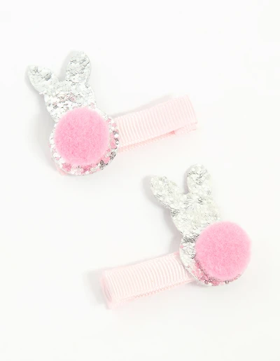 Kids Fabric Pom Pom & Sparkly Easter Bunny Hair Clips 2-Pack