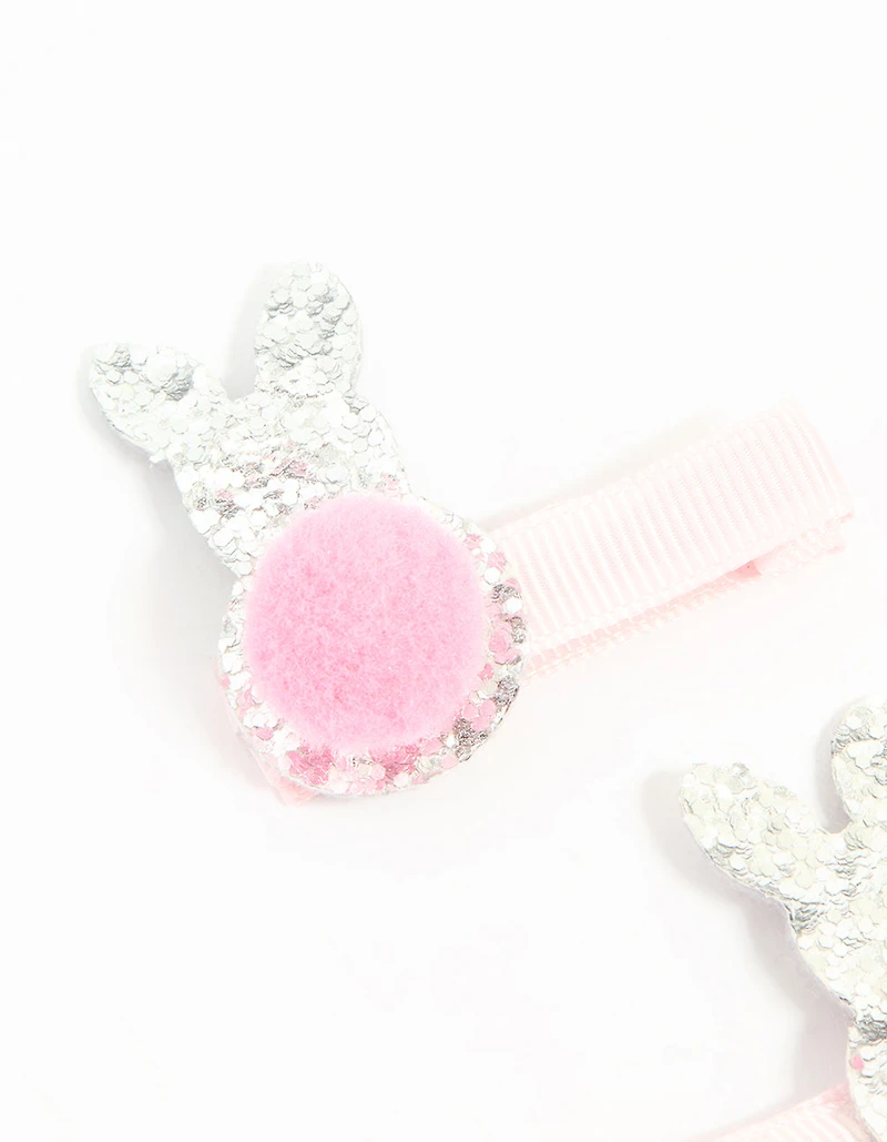 Kids Fabric Pom Pom & Sparkly Easter Bunny Hair Clips 2-Pack