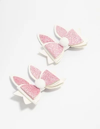 Kids Bunny Pom Pom Bow Fabric Hair Clips 2-Pack