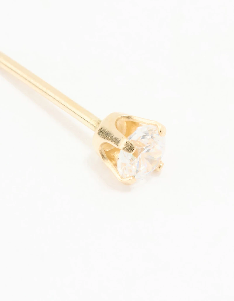 14K Solid Yellow Gold 3MM Cubic Zirconia Piercing Stud