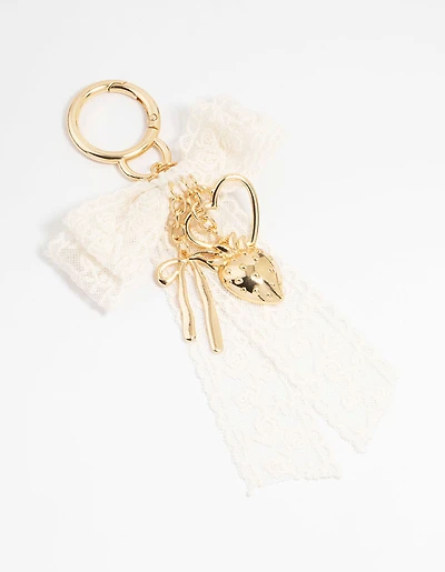 Lace Bow & Gold Heart Fabric Keychain