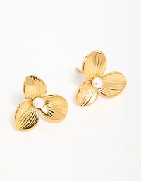 Waterproof Gold Plated Stainless Steel Pearl Flower Stud Earrings
