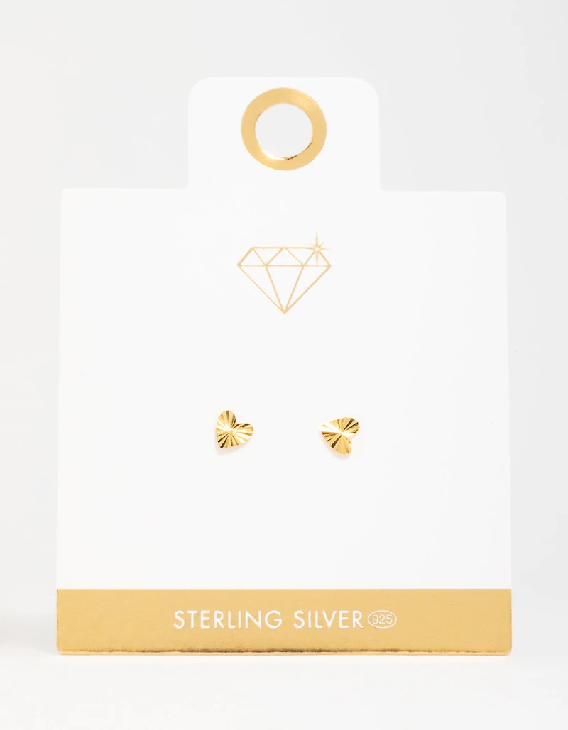 Gold Plated Sterling Silver Ribbed Heart Stud Earrings