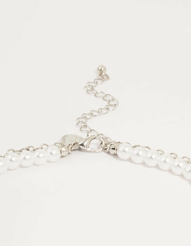 Silver Pearl Cross Layered Necklace