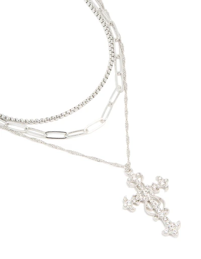 Silver Diamante Cross Layered Necklace
