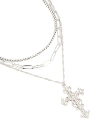 Silver Diamante Cross Layered Necklace