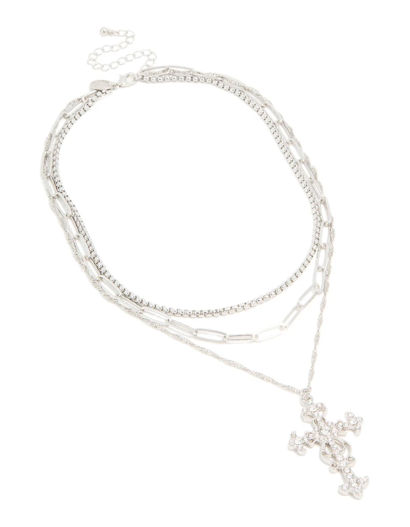 Silver Diamante Cross Layered Necklace