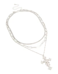 Silver Diamante Cross Layered Necklace