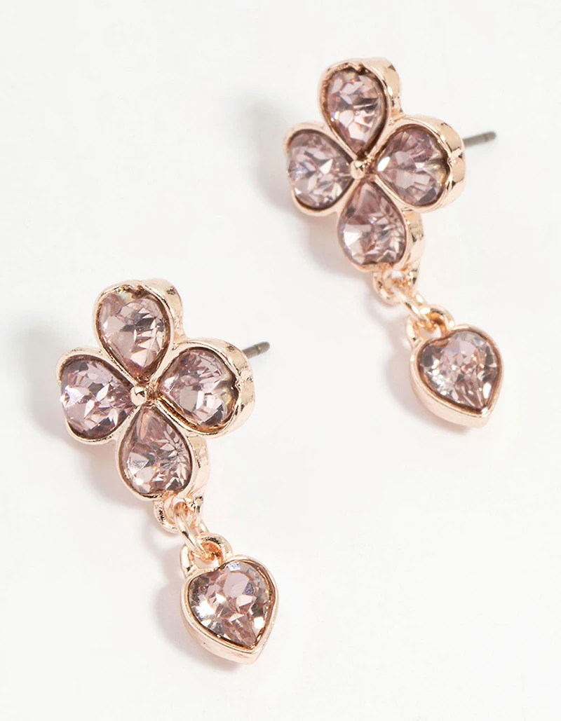 Rose Gold Pink Diamante Flower Drop Earrings