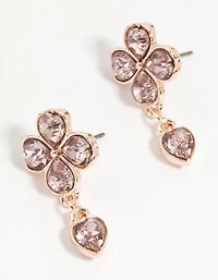 Rose Gold Pink Diamante Flower Drop Earrings