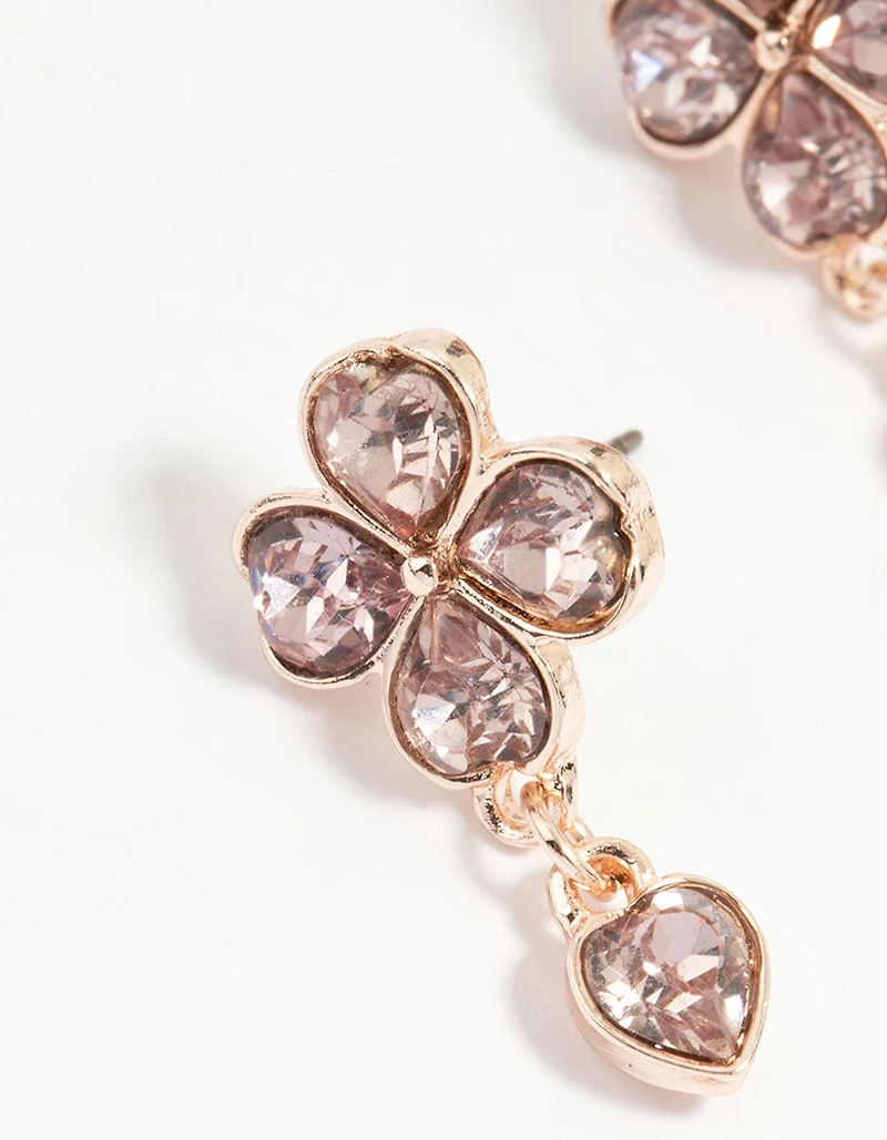 Rose Gold Pink Diamante Flower Drop Earrings