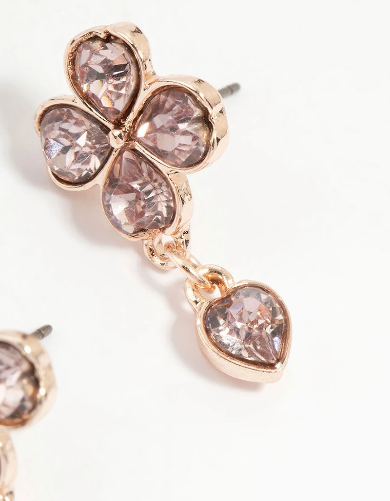 Rose Gold Pink Diamante Flower Drop Earrings
