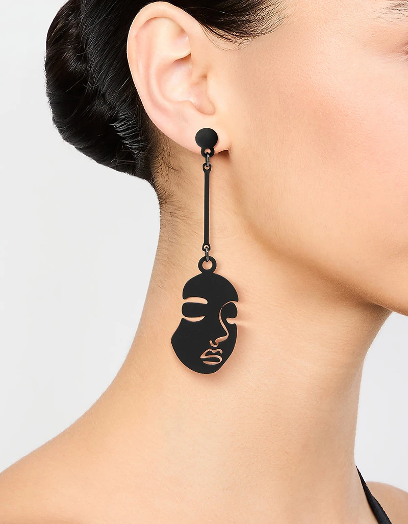 Silver Black Coated Metal Face Drop Earrings