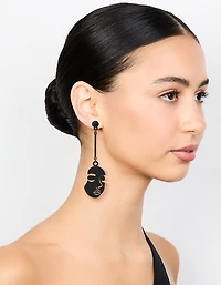 Silver Black Coated Metal Face Drop Earrings