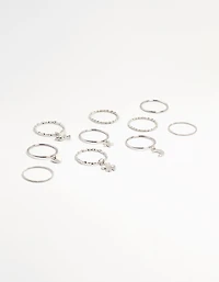 Silver Charm & Twisted Stacking Rings 10-Pack