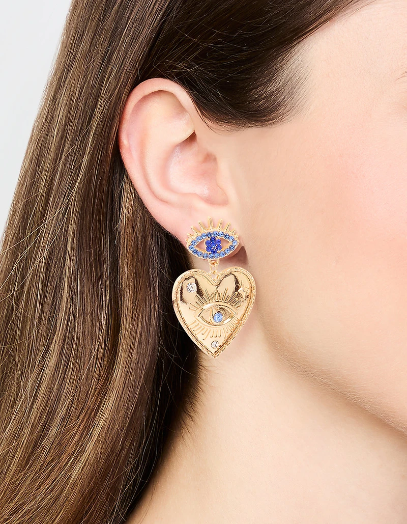 Gold Heart Evil Eye Drop Earrings