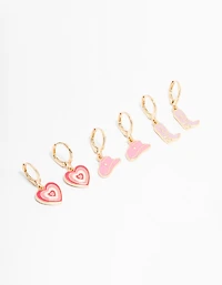 Kids Gold Pink Cowgirl & Heart Huggie Earrings 3-Pack
