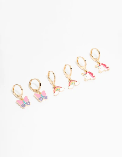 Kids Gold Pastel Unicorn & Butterfly Huggie Earrings 3-Pack