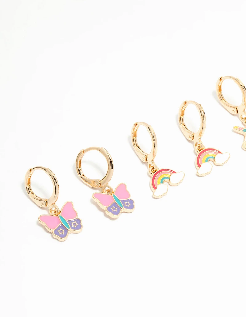 Kids Gold Pastel Unicorn & Butterfly Huggie Earrings 3-Pack