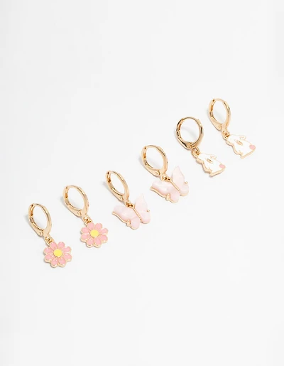 Kids Gold Bunny & Butterfly Huggie Earrings 3-Pack