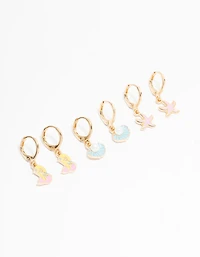 Kids Gold Pastel Mermaid & Shell Huggie Earrings 3-Pack