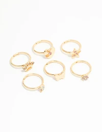 Kids Gold Diamante Butterfly Crown & Heart Fashion Rings 6-Pack