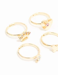 Kids Gold Diamante Butterfly Crown & Heart Fashion Rings 6-Pack