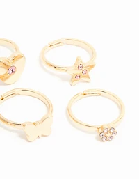 Kids Gold Diamante Butterfly Crown & Heart Fashion Rings 6-Pack