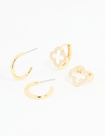 Gold Plated Cubic Zirconia Flower & Plain Huggie Earrings 2-Pack
