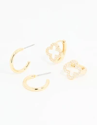 Gold Plated Cubic Zirconia Flower & Plain Huggie Earrings 2-Pack