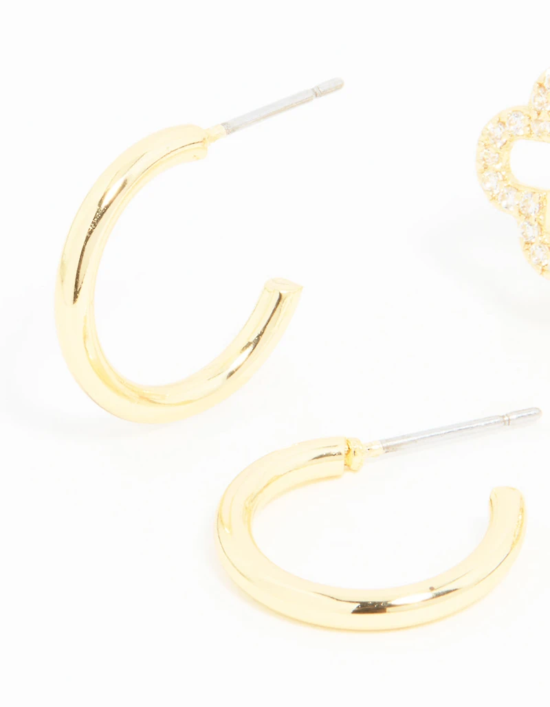 Gold Plated Cubic Zirconia Flower & Plain Huggie Earrings 2-Pack