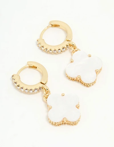 Gold Plated Diamante Flower Drop Huggie Earrings