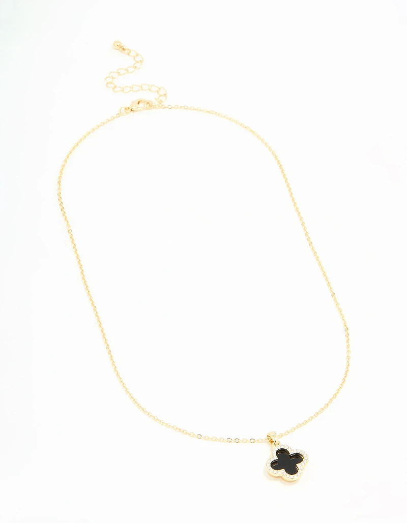 Gold Plated Diamante Outline Black Flower Pendant Necklace