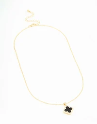 Gold Plated Diamante Outline Black Flower Pendant Necklace