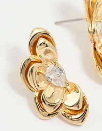 Gold Plated Cubic Zirconia Half Flower Stud Earrings