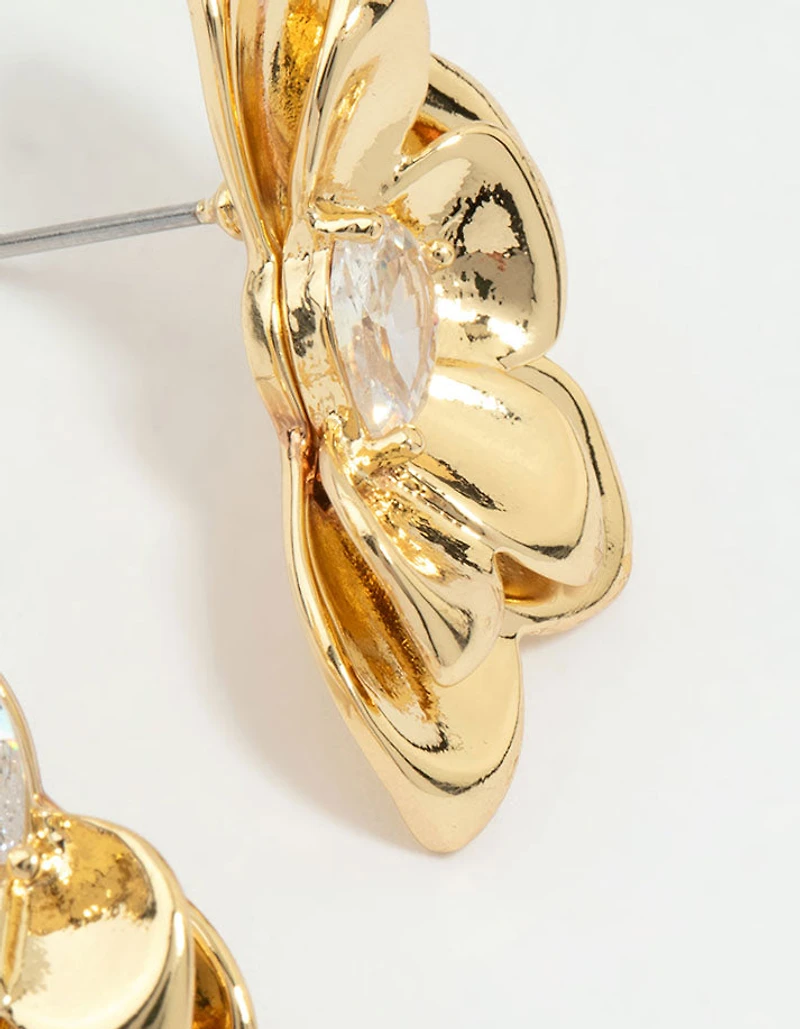 Gold Plated Cubic Zirconia Half Flower Stud Earrings