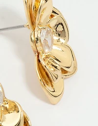 Gold Plated Cubic Zirconia Half Flower Stud Earrings